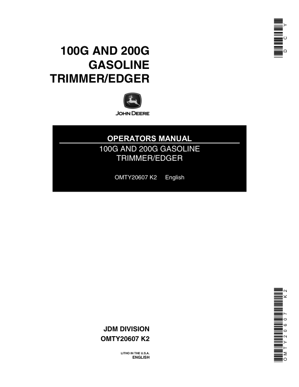 John Deere 100G & 200G Trimmer/ Edger (Gas) (Subs with OMM122063) Operator's Manual (OMTY20607)
