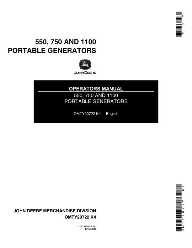 John Deere 550, 750 & 1100 Portable Generators Operator's Manual (OMTY20722)