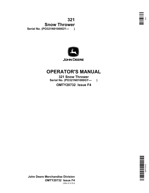 John Deere 321 Snow Thrower Operator's Manual (OMTY20732)