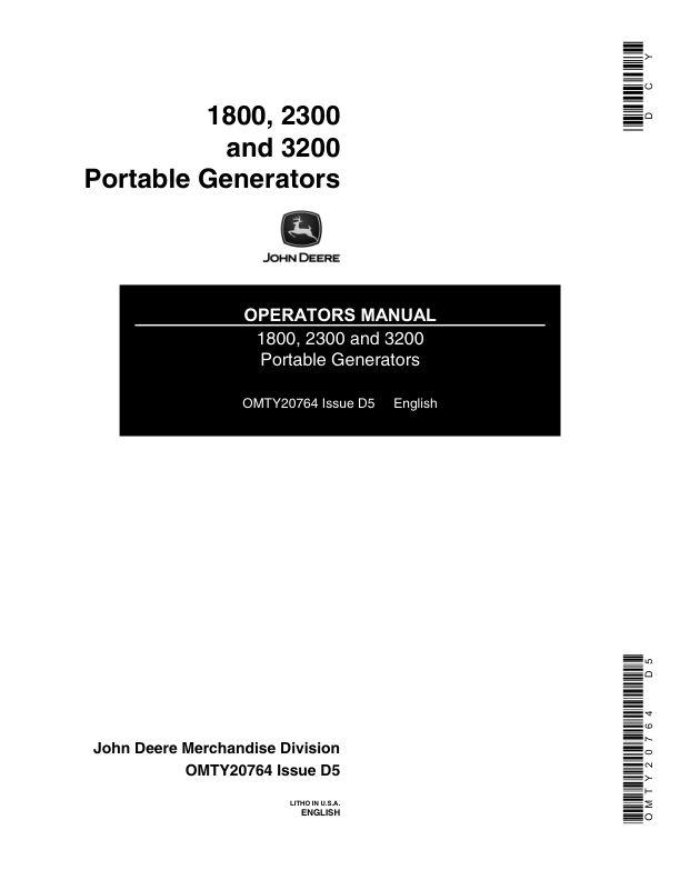 John Deere 1800, 2300, 3200 Portable Generators Operator's Manual (OMTY20764)