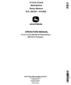 John Deere 21 Inch 4-Cycle Walk Behind Rotary Mower (3660001-410000) Operator's Manual (OMTY20775)