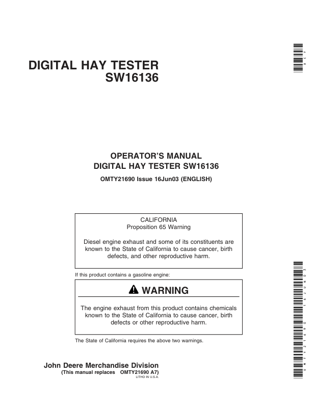 John Deere Digital Hay Tester SW16136 Operator's Manual (OMTY21690)