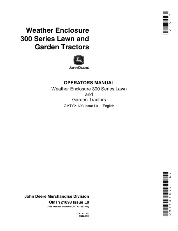 John Deere TY16180, TY24474 Weather Enclosure for 300 Series Lawn & Garden Tractors Operator's Manual (OMTY21693)