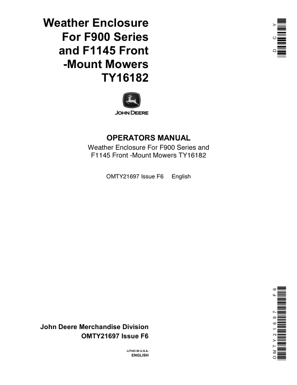 John Deere TY16182 Weather Enclosure for F900 Series, F1145 Front-Mount Mowers Operator's Manual (OMTY21697)