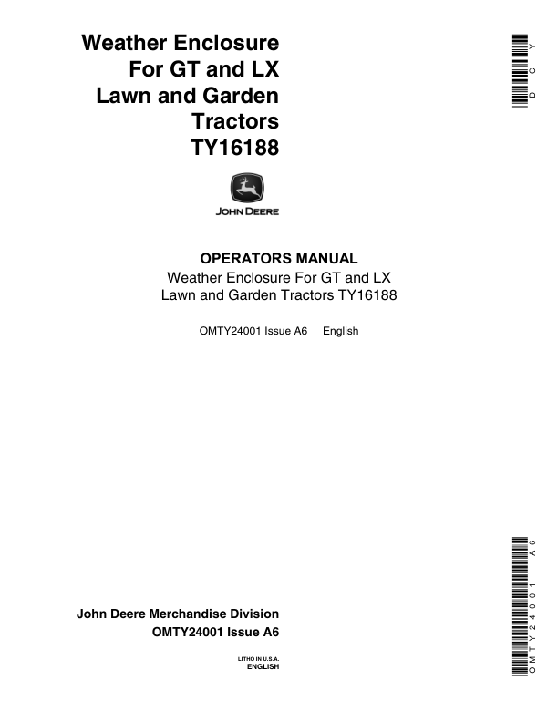 John Deere TY16188 Weather Enclosure for GT, LX Lawn & Garden Tractors Operator's Manual (OMTY24001)