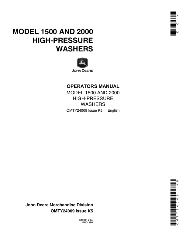 John Deere 1500, 2000 High-Pressure Washers Operator's Manual (OMTY24009)