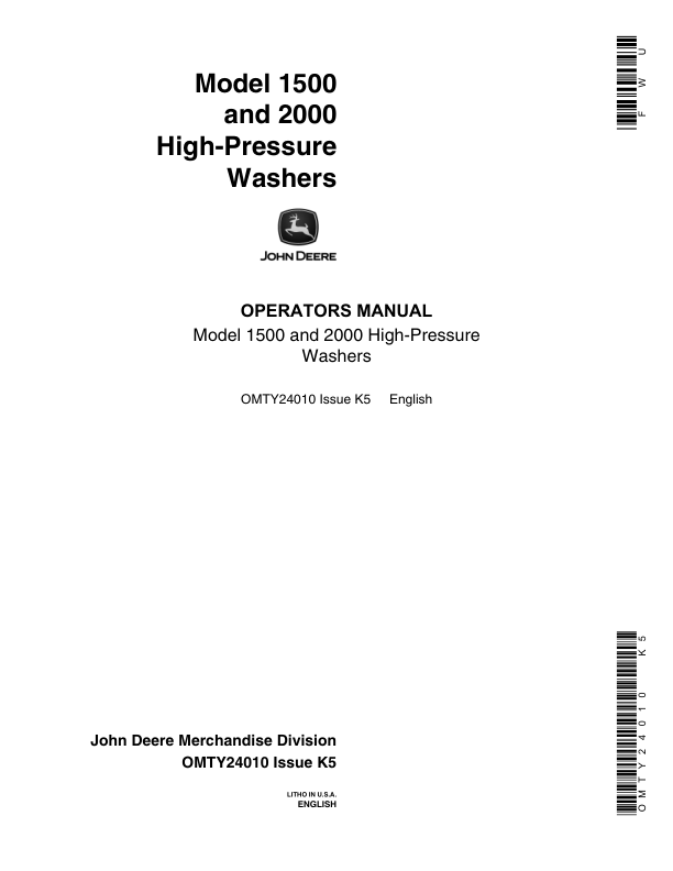 John Deere 1500, 2000 High Pressure Washers Operator's Manual (OMTY24010)