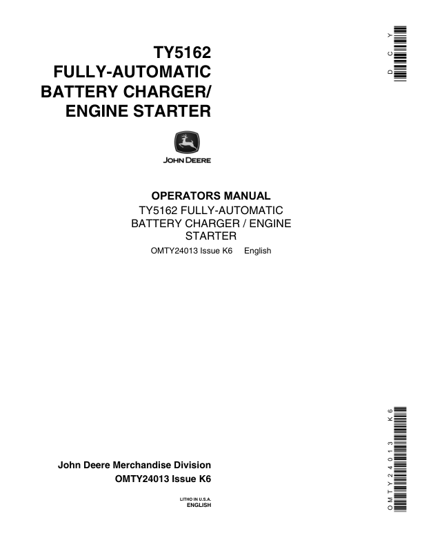 John Deere Battery Charger, TY5162 Operator's Manual (OMTY24013)