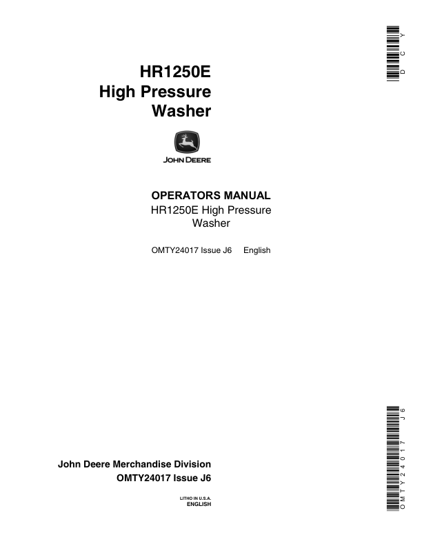 John Deere HR1250 High Pressure Washer Operator's Manual (OMTY24017)