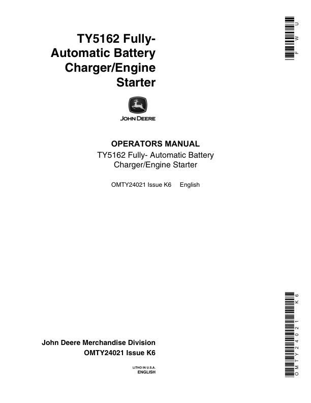 John Deere OP MAN: TY5162 BATTERY CHARGER Operator's Manual (OMTY24021)