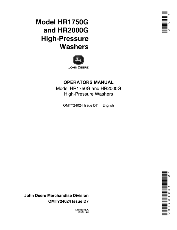 John Deere Model HR1750G, HR2000G High Pressure Washers Operator's Manual (OMTY24024)