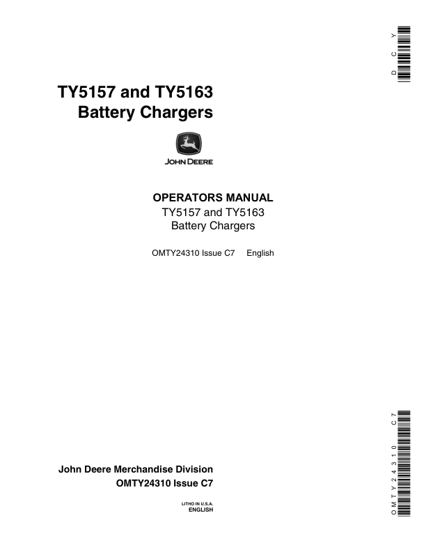 John Deere TY5157, TY5163 Battery Chargers Operator's Manual (OMTY24310)