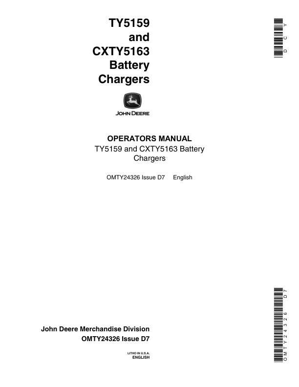 John Deere TY5159, CXTY5163 Battery Chargers Operator's Manual (OMTY24326)