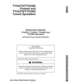 John Deere TY24375/TY24382 Pushed, TY24378/TY24383 Towed Spreaders Operator's Manual (OMTY24476)