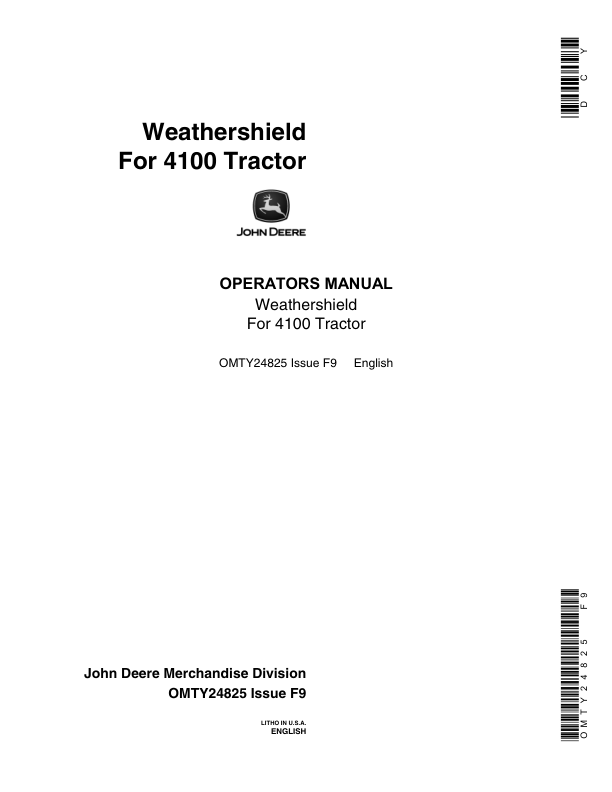 John Deere Weathershields for 4100 Tractor Operator's Manual (OMTY24825)