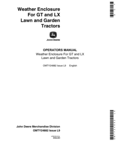 John Deere Weather Enclosure for GT, LX Lawn & Garden Tractors Operator's Manual (OMTY24882)