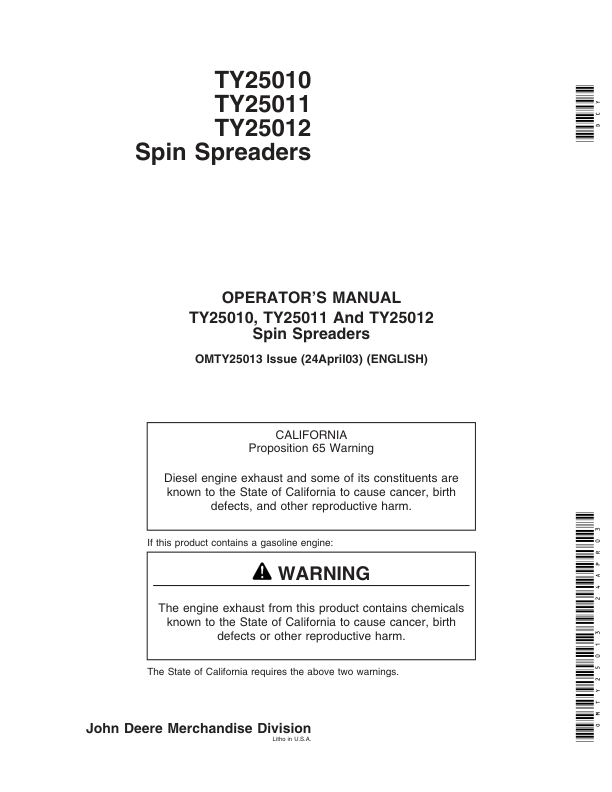 John Deere TY25010, TY25011, TY25012 Spin Spreaders Operator's Manual (OMTY25013)