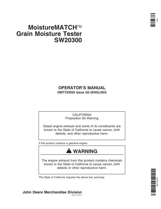 John Deere MoistureMATCH Grain Moisture Tester SW20300 Operator's Manual (OMTY25053)