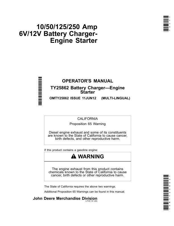 John Deere 10/50/125/250 Amp 6V/12V Battery Charger-Engine Starter Operator's Manual (OMTY25862)