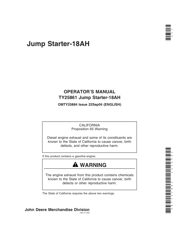 John Deere TY25861 Jump Starter 18AH Operator's Manual (OMTY25884)