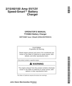 John Deere TY25864 2/15/40/100 Amp 6V/12V Speed Smart Battery Charger Operator's Manual (OMTY25887)