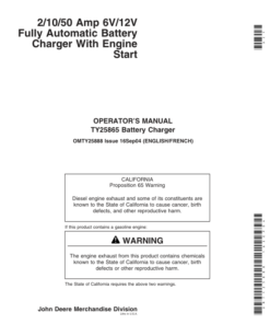 John Deere TY25865 2/10/50 AMP 6V/12V Fully Automatic Battery Charger With Engine Start Operator's Manual (OMTY25888)