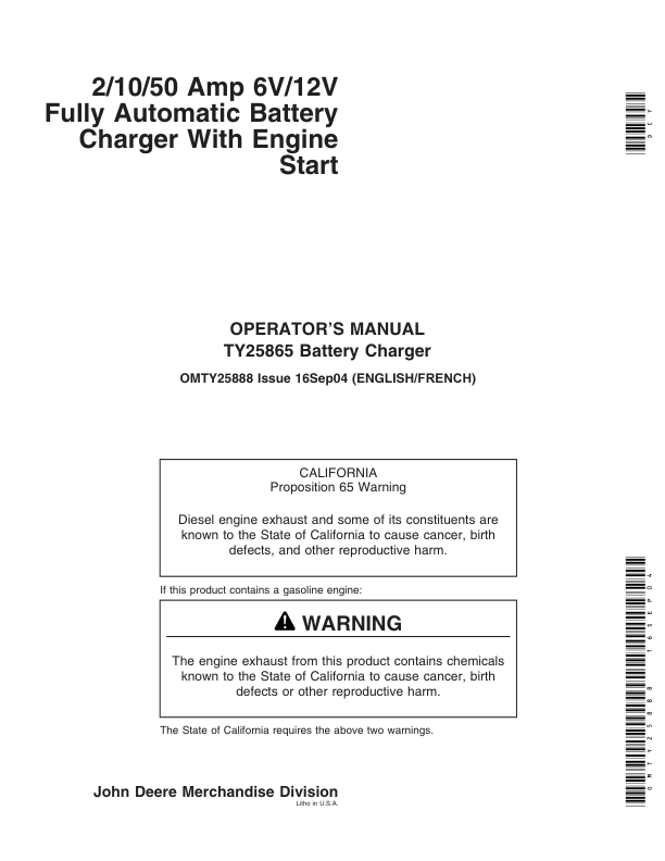 John Deere TY25865 2/10/50 AMP 6V/12V Fully Automatic Battery Charger With Engine Start Operator's Manual (OMTY25888)
