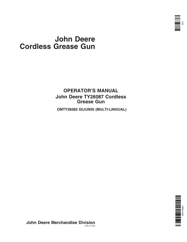 John Deere TY26087 Cordless Grease Gun Operator's Manual (OMTY26082)
