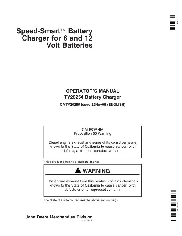 John Deere TY26254 Speed-Smart Battery Charger Operator's Manual (OMTY26255)