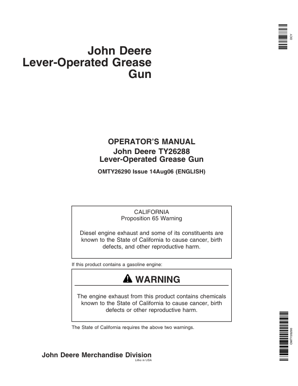 John Deere TY26288 Lever-Operated Grease Gun Operator's Manual (OMTY26290)