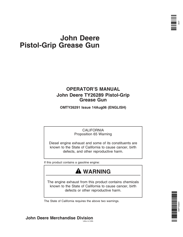John Deere TY26289 Pistol-Grip Grease Gun Operator's Manual (OMTY26291)