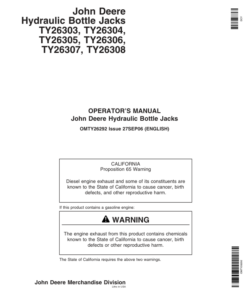 John Deere Hydraulic Bottle Jacks - TY26303, TY26304, TY26305, TY26306, TY26307, TY26308 Operator's Manual (OMTY26292)