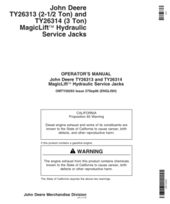 John Deere MagicLift Hydraulic Service Jacks - TY26313, TY26314 Operator's Manual (OMTY26293)