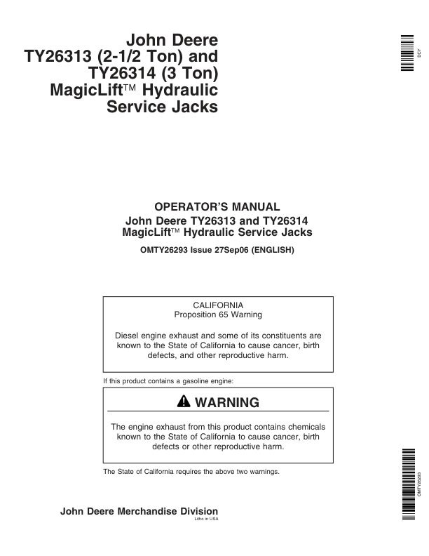 John Deere MagicLift Hydraulic Service Jacks - TY26313, TY26314 Operator's Manual (OMTY26293)