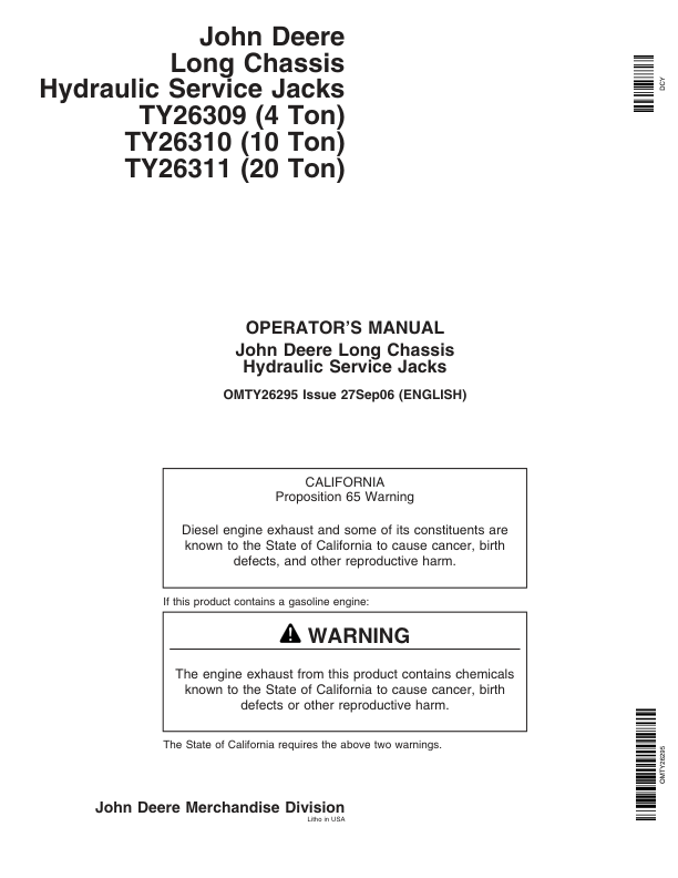 John Deere John Deere Long Chassis Hydraulic Service Jacks - TY26309, TY26310, TY26311 Operator's Manual (OMTY26295)
