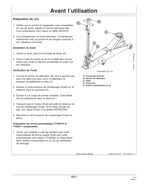 John Deere John Deere Long Chassis Hydraulic Service Jacks - TY26309, TY26310, TY26311 Operator's Manual (OMTY26295) - Image 2