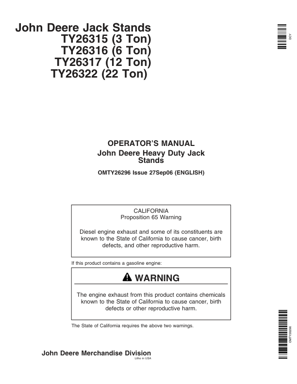 John Deere John Deere Heavy Duty Jack Stands - TY26315, TY26316, TY26317, TY26322 Operator's Manual (OMTY26296)