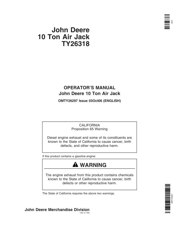 John Deere John Deere TY26318 10-Ton Air Jack Operator's Manual (OMTY26297)