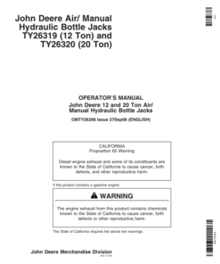 John Deere John Deere Air/Manual Hydraulic Bottle Jacks - TY26319, TY26320 Operator's Manual (OMTY26298)