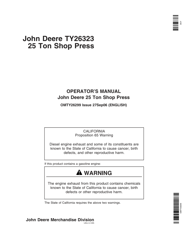 John Deere John Deere Ton Shop Press - TY26323 Operator's Manual (OMTY26299)