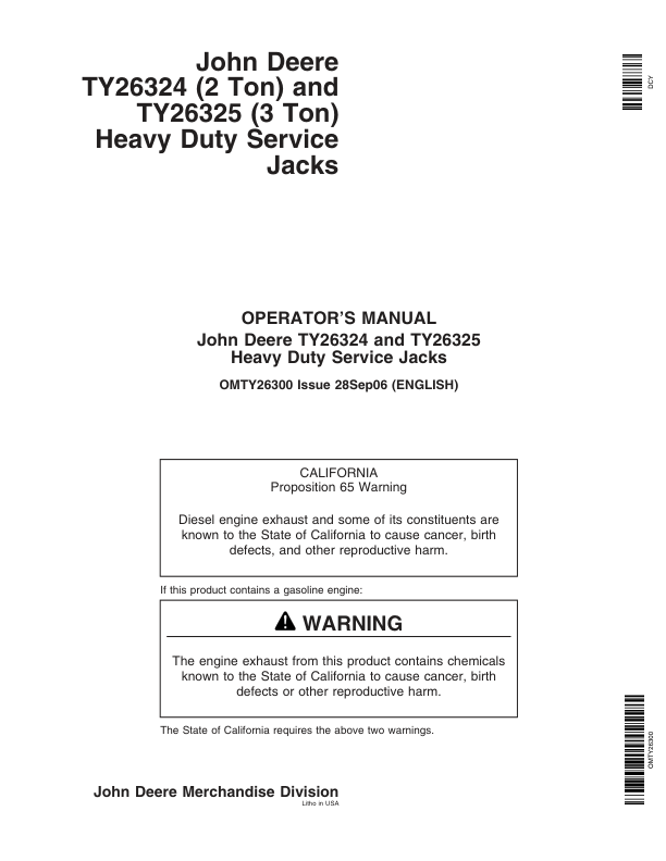 John Deere John Deere Heavy Duty Service Jacks - TY26324, TY26325 Operator's Manual (OMTY26300)