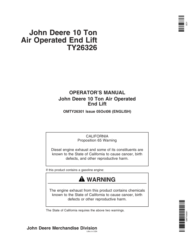John Deere John Deere TY26326 10-Ton Air Operated End Lift Operator's Manual (OMTY26301)