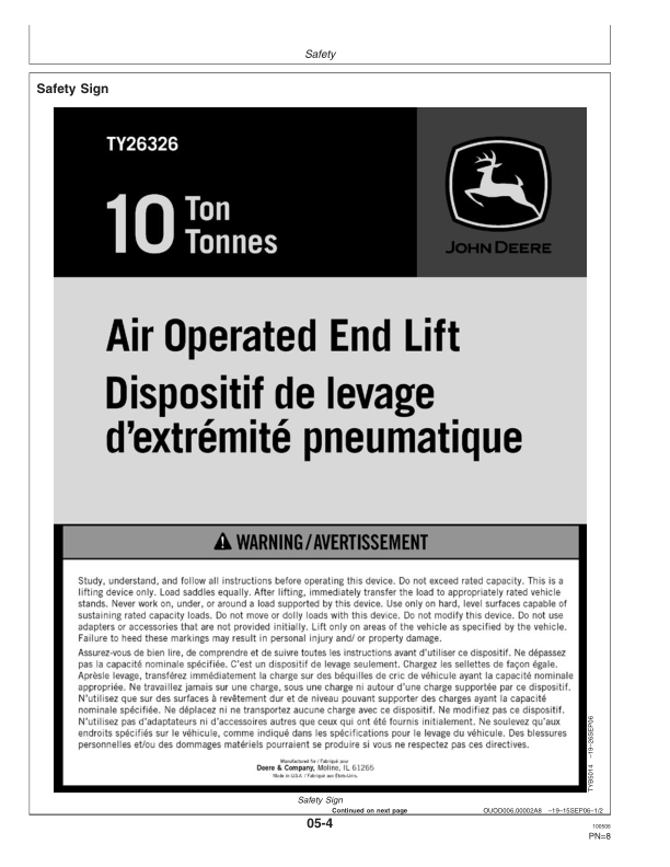 John Deere John Deere TY26326 10-Ton Air Operated End Lift Operator's Manual (OMTY26301) - Image 2