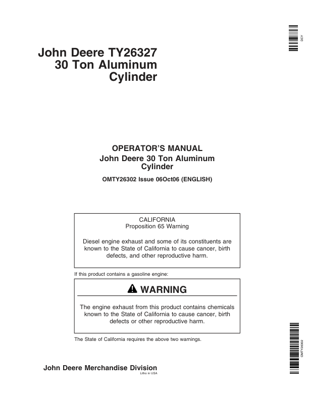 John Deere John Deere TY26327 30-Ton Aluminum Cylinder Operator's Manual (OMTY26302)