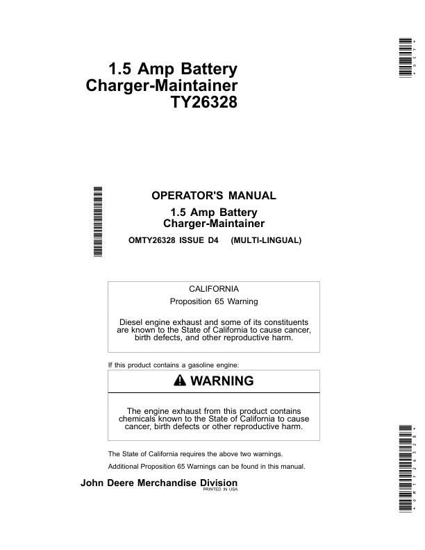 John Deere 1.5 Amp Battery Charger-Maintainer TY26328 Operator's Manual (OMTY26328)