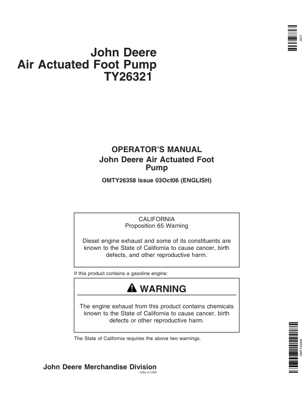 John Deere TY26321 Air Actuated Foot Pump Operator's Manual (OMTY26358)