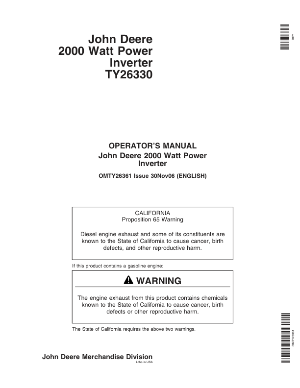 John Deere TY26330 Power Inverter 2000 Watt Operator's Manual (OMTY26361)