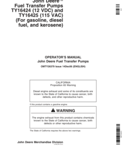 John Deere JD Fuel Transfer Pumps TY16424(12VDC), TY16425(115VAC) Operator's Manual (OMTY26379)