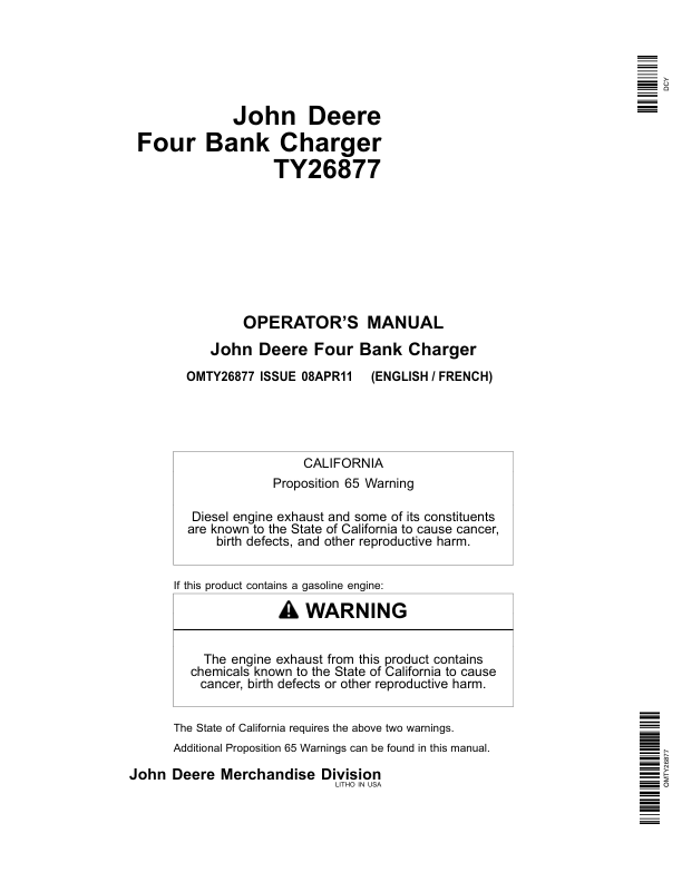 John Deere Four Bank Charger TY26877 Operator's Manual (OMTY26877)