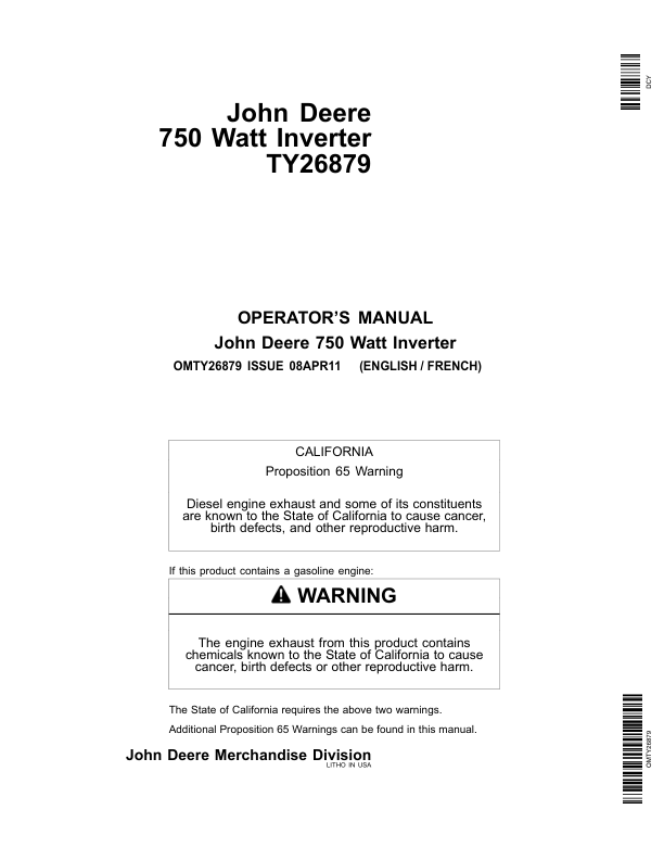 John Deere Convertisseur 750 Watts TY26879 Operator's Manual (OMTY26879)